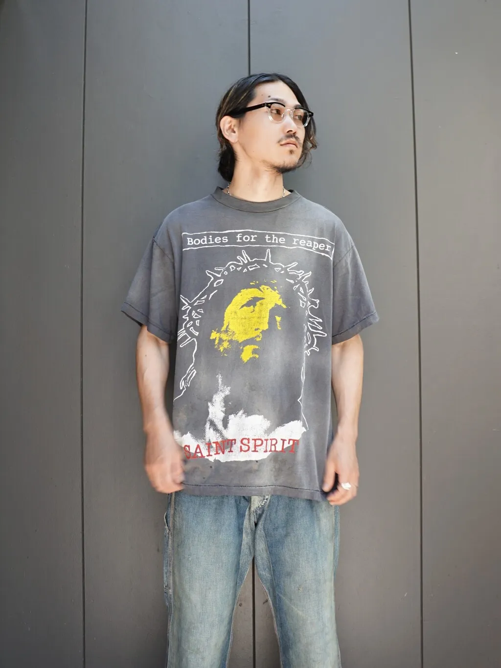 SAINT MICHAEL SS TEE/B FOR REAPER Jesus Hell's Angels Washed and Distressed Short Sleeves Washed Black S-XL Garment Dyed Printed Washed and Distressed